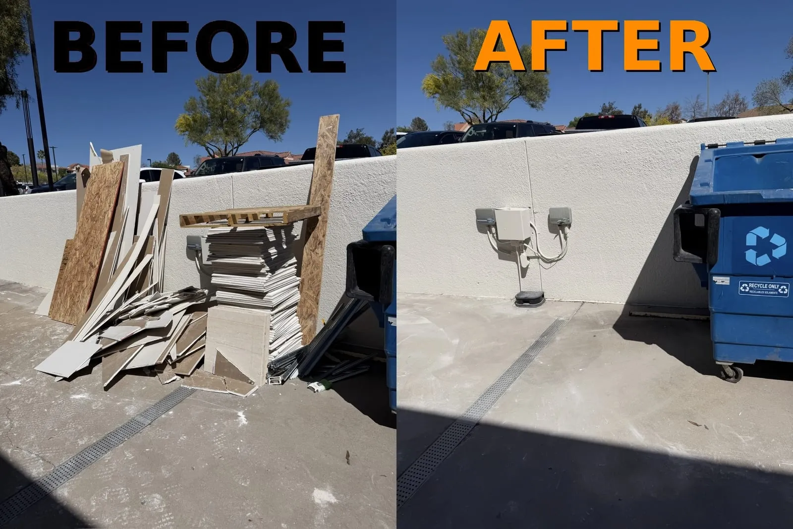 Before and after: commercial construction debris cleanout by Haul Heroes in Tucson