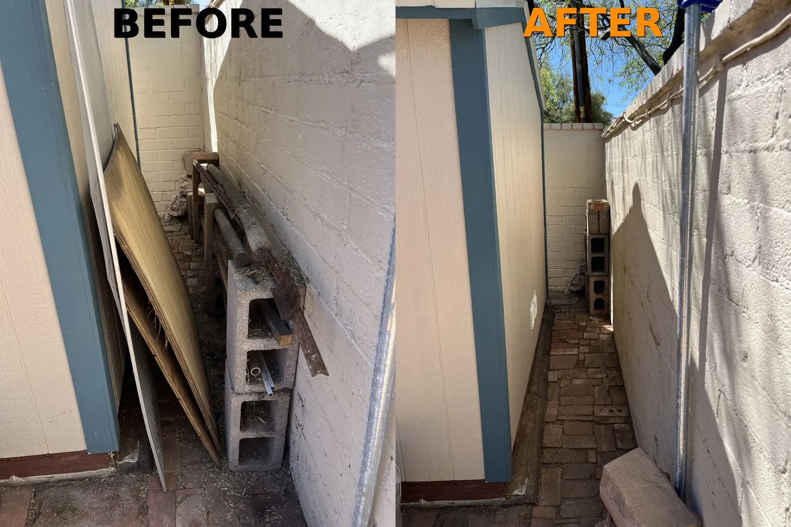 Before and after: side-yard junk haul by Haul Heroes in Tucson