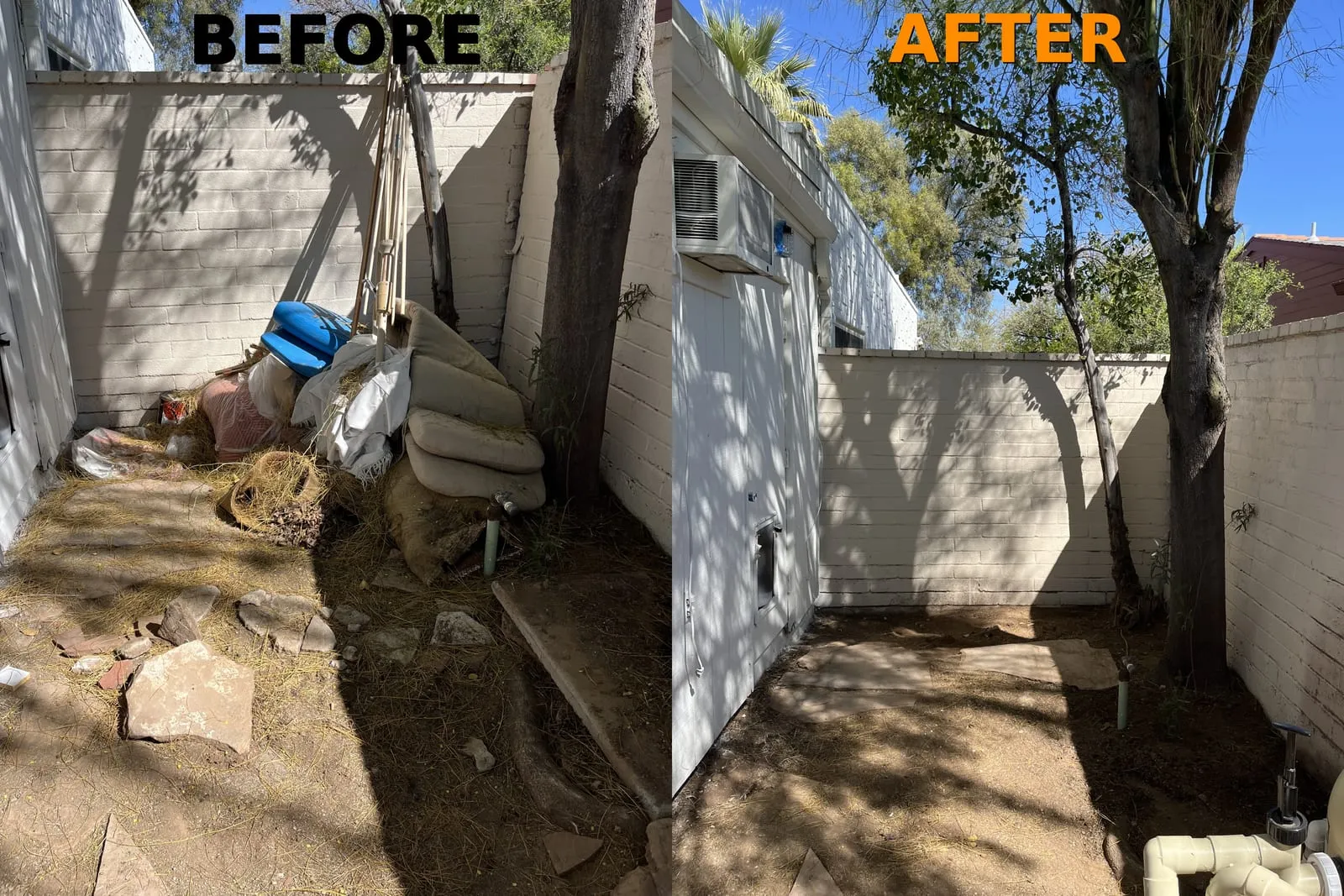 Before and after: backyard property cleanout by Haul Heroes in Tucson