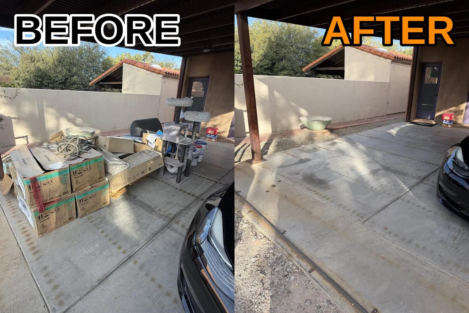Before and after: carport property cleanout by Haul Heroes in Tucson